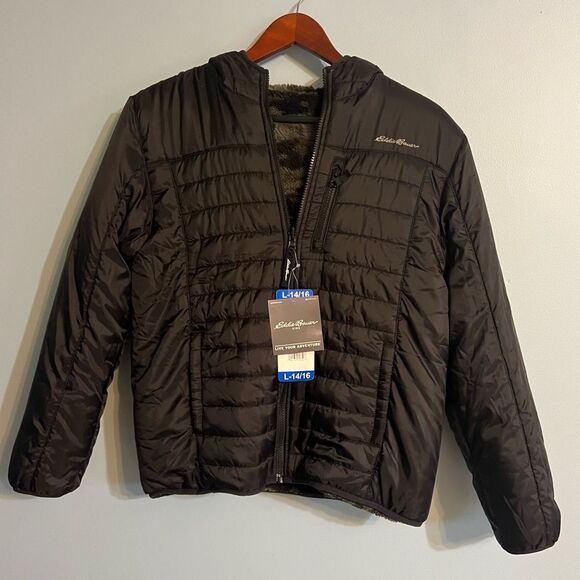 Eddie Bauer Kids Jacket Reversible Hooded Fleece Water-Resistant Boys Sz L Black - Picture 9 of 11